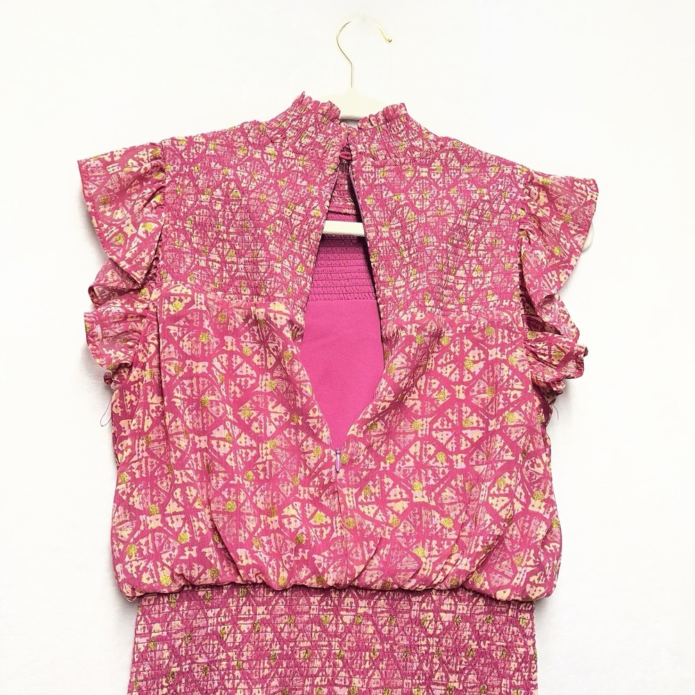 AQUA Smocked Ruffle Mini Dress Womens Small Pink Gold Smock Neck - Picture 8 of 10